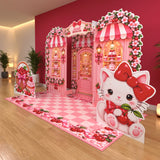 FoldWow Cherry Shop cherry birthday backdrop with pink sweet shop, kitten and cherry basket cutouts