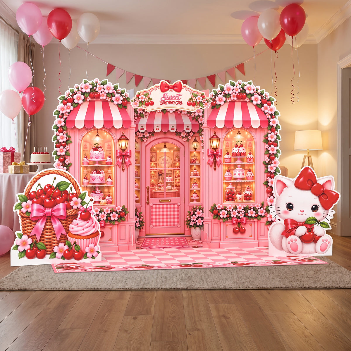 FoldWow Cherry Shop backdrop at a sweet birthday party with pink balloons