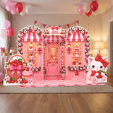 FoldWow Cherry Shop backdrop at a sweet birthday party with pink balloons