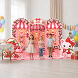 Kids posing at a cherry birthday party with the FoldWow Cherry Shop backdrop and cutouts