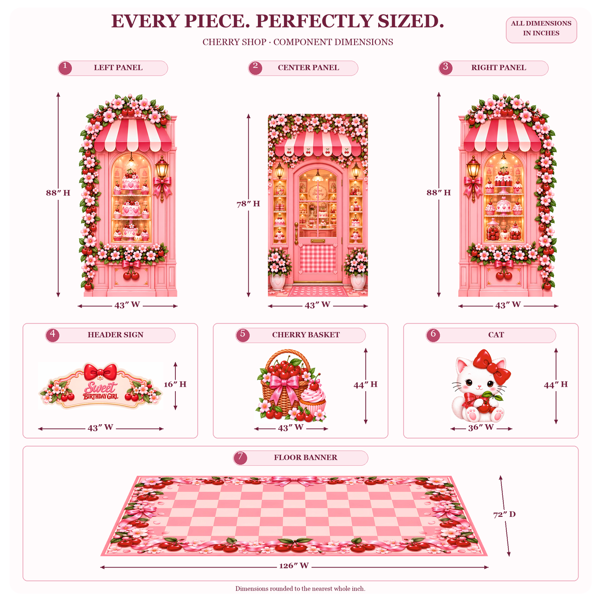 FoldWow Cherry Shop dimensions: 88 in panels, 44 in cherry basket and kitten cutouts, 126 x 72 in banner