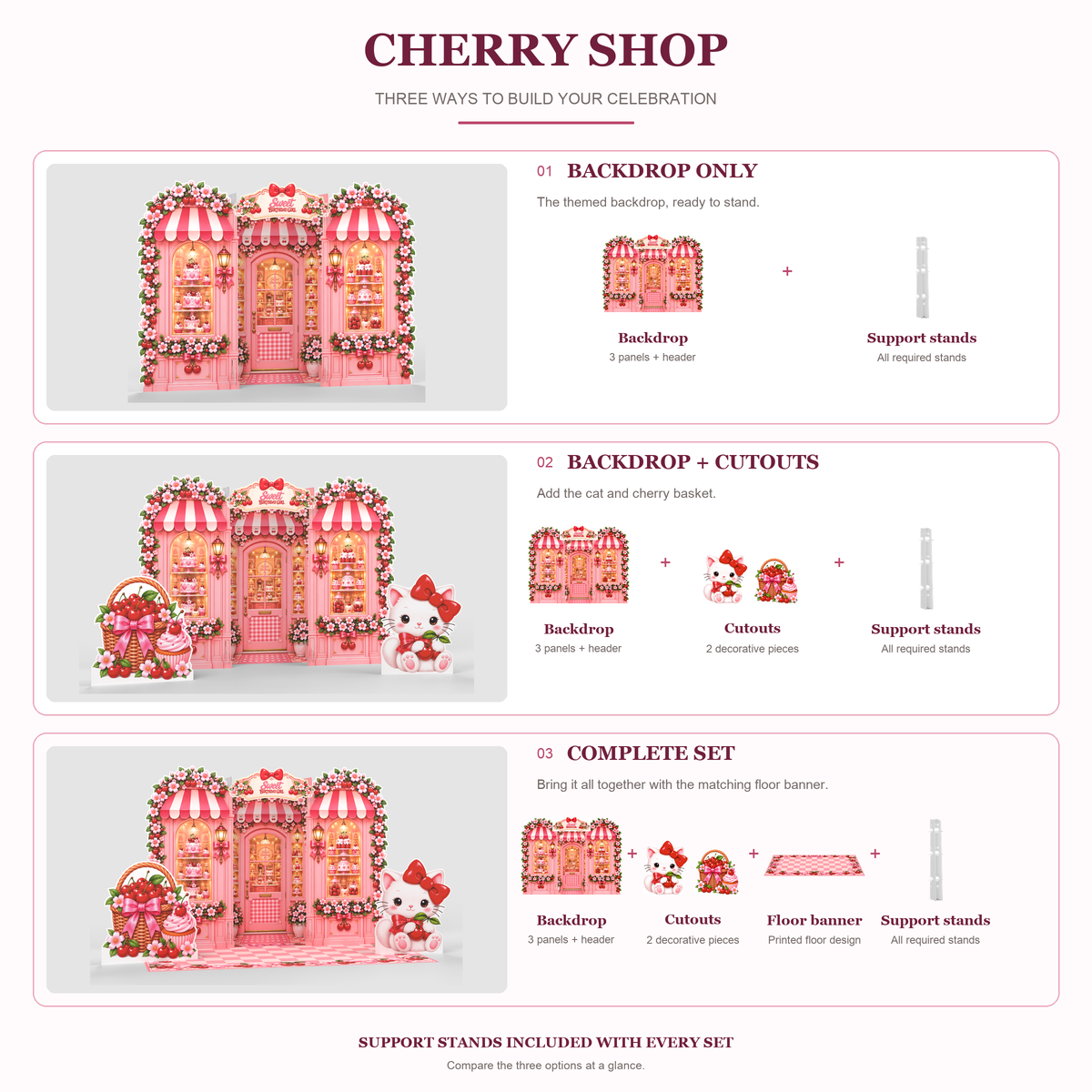 FoldWow Cherry Shop three sets: Backdrop Only, Backdrop + Cutouts, Complete Scene