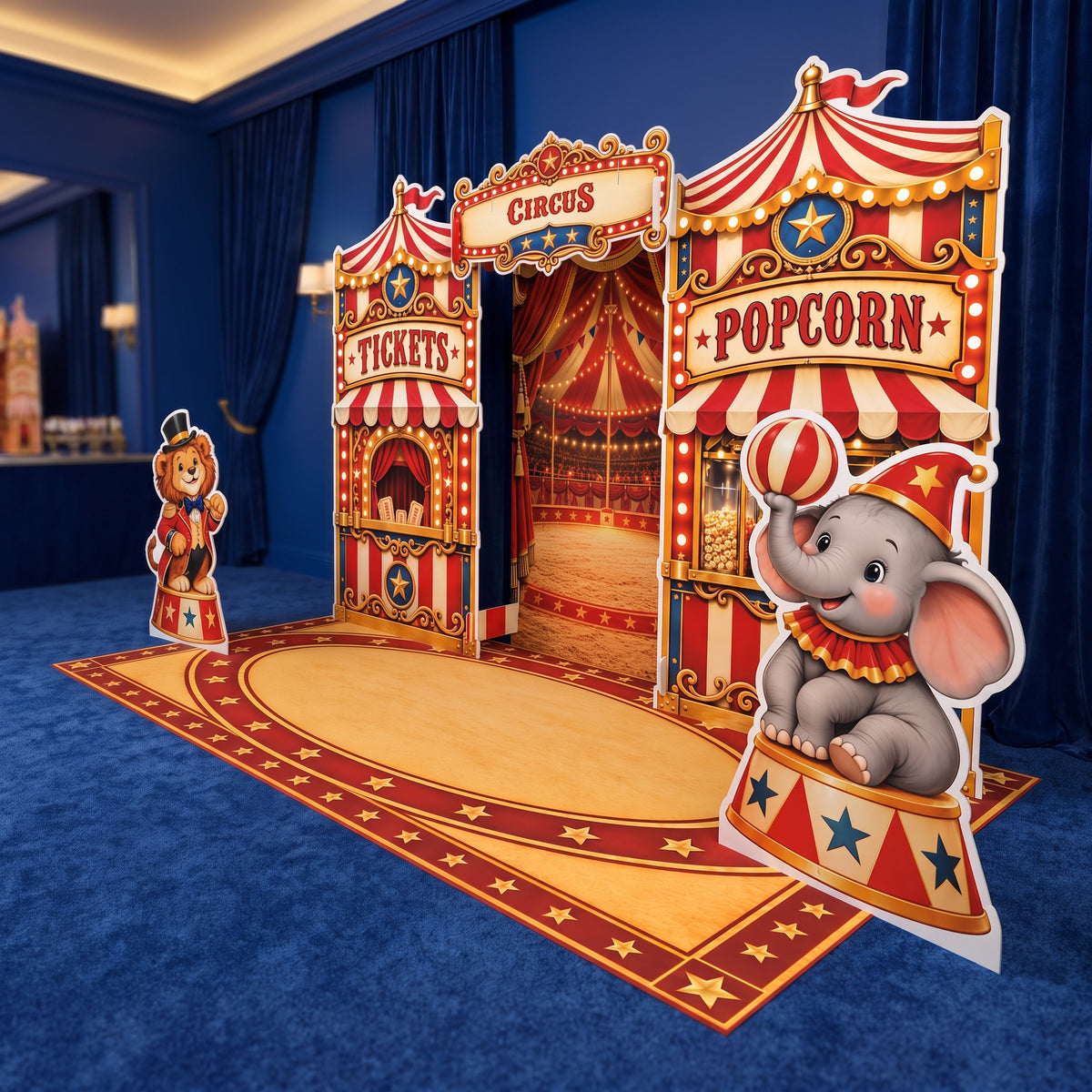 FoldWow Big Top Circus carnival birthday backdrop with ticket booth, popcorn stand, lion and elephant