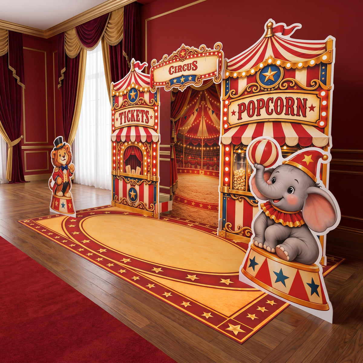 FoldWow circus party backdrop with elephant cutout and circus ring floor banner
