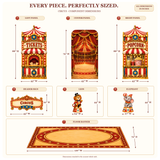 FoldWow circus backdrop dimensions: 88 in and 79 in panels, 44 in lion and elephant, 126 x 72 in banner