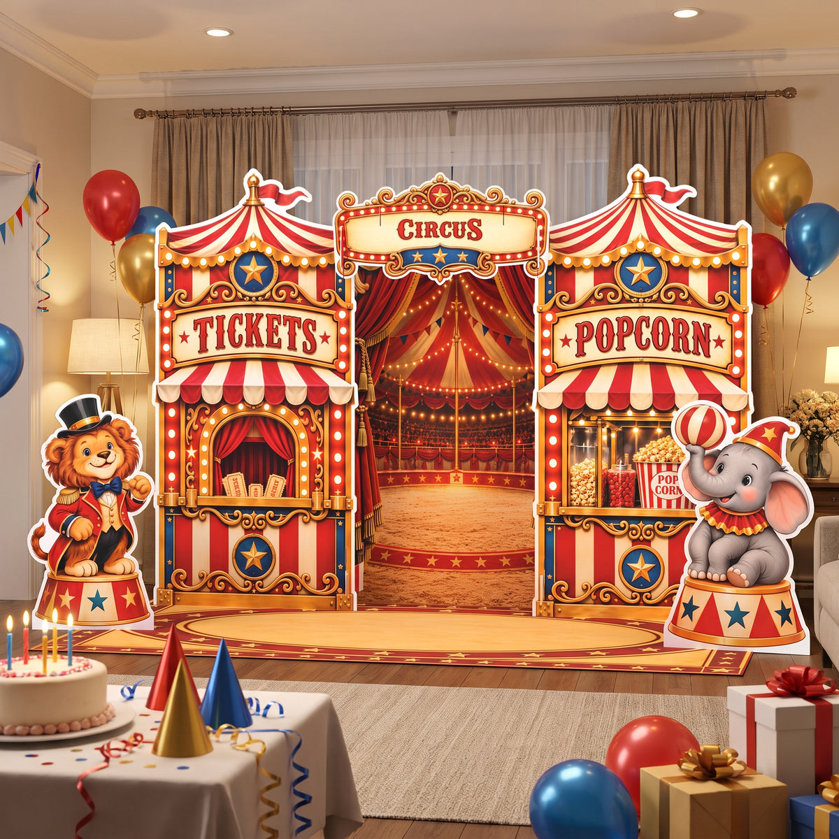 Circus birthday party with cake, balloons and the FoldWow Big Top Circus backdrop