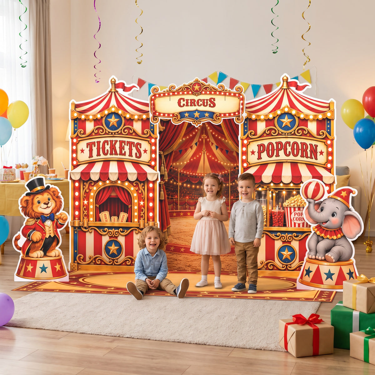 Kids posing in front of the FoldWow circus carnival birthday backdrop