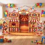 FoldWow Big Top Circus backdrop with lion and elephant cutouts, balloons and bunting
