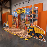FoldWow Construction Zone birthday backdrop with crane, excavator, dump truck and dirt track banner