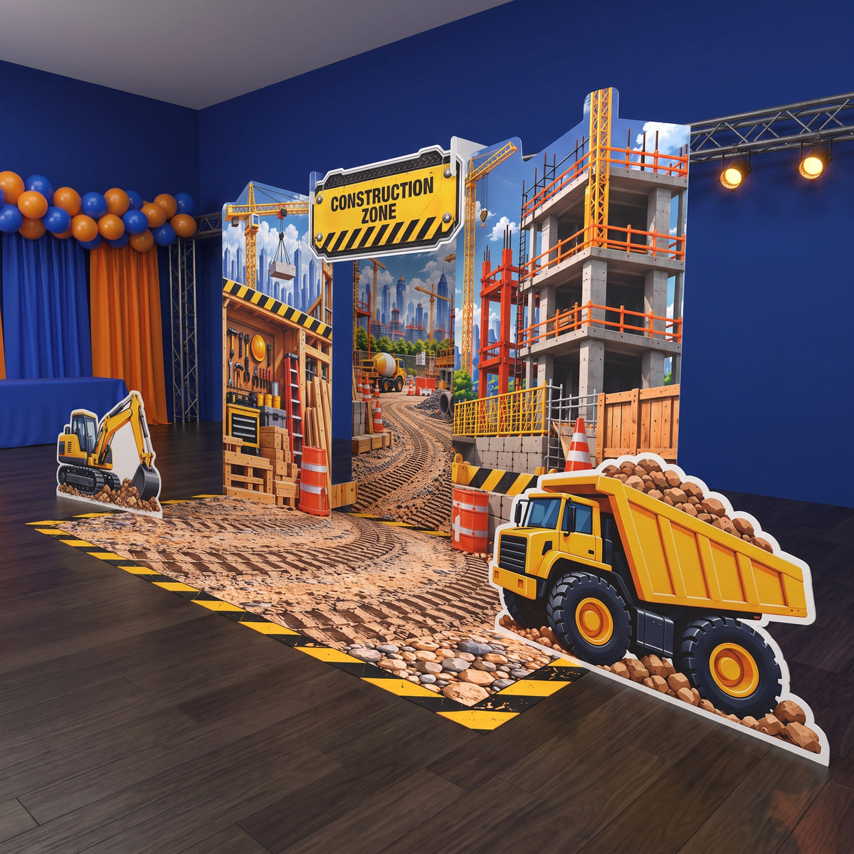 FoldWow construction party backdrop with dump truck cutout and tire track floor banner