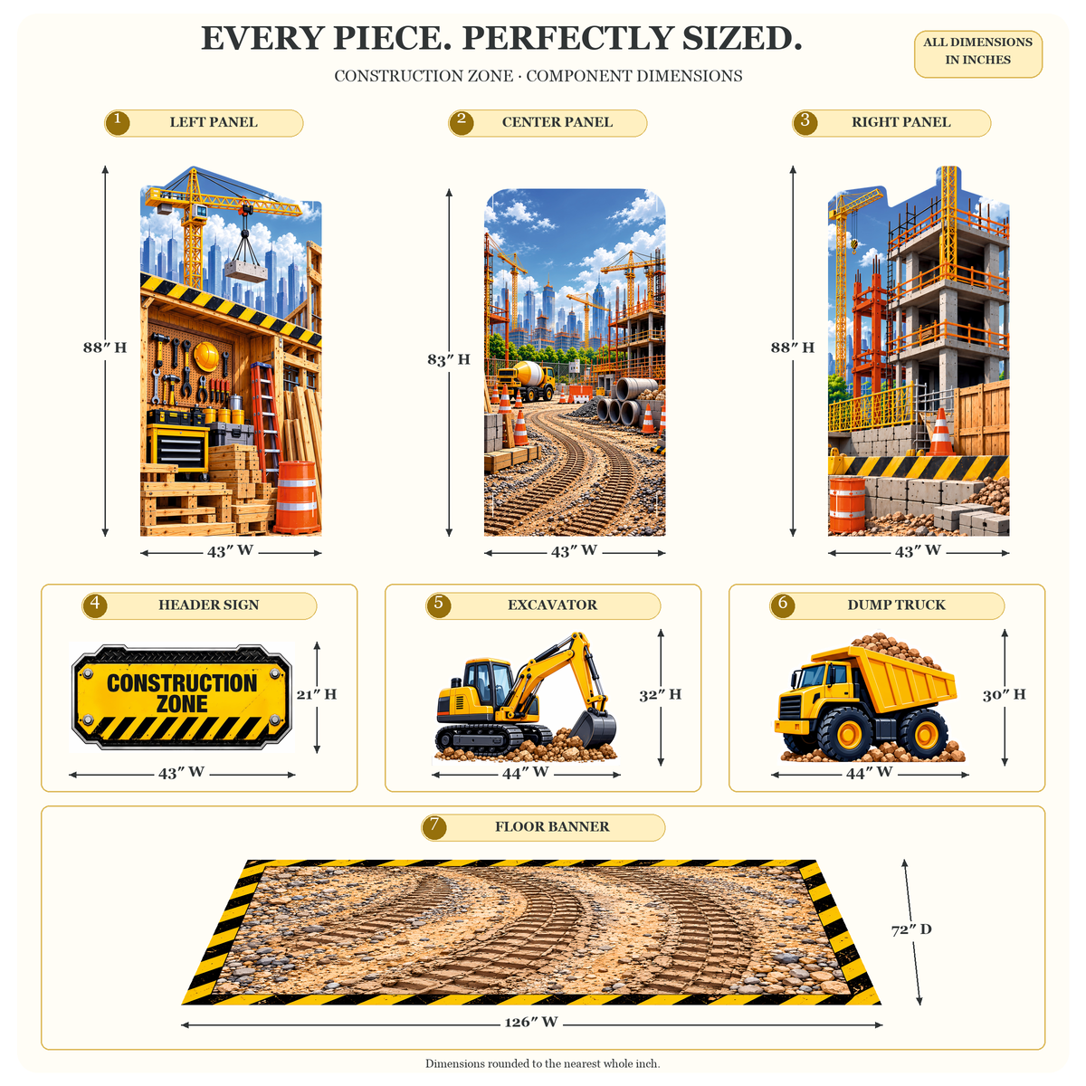 FoldWow construction backdrop dimensions: 88 in panels, 32 in excavator, 30 in dump truck, 126 x 72 in banner