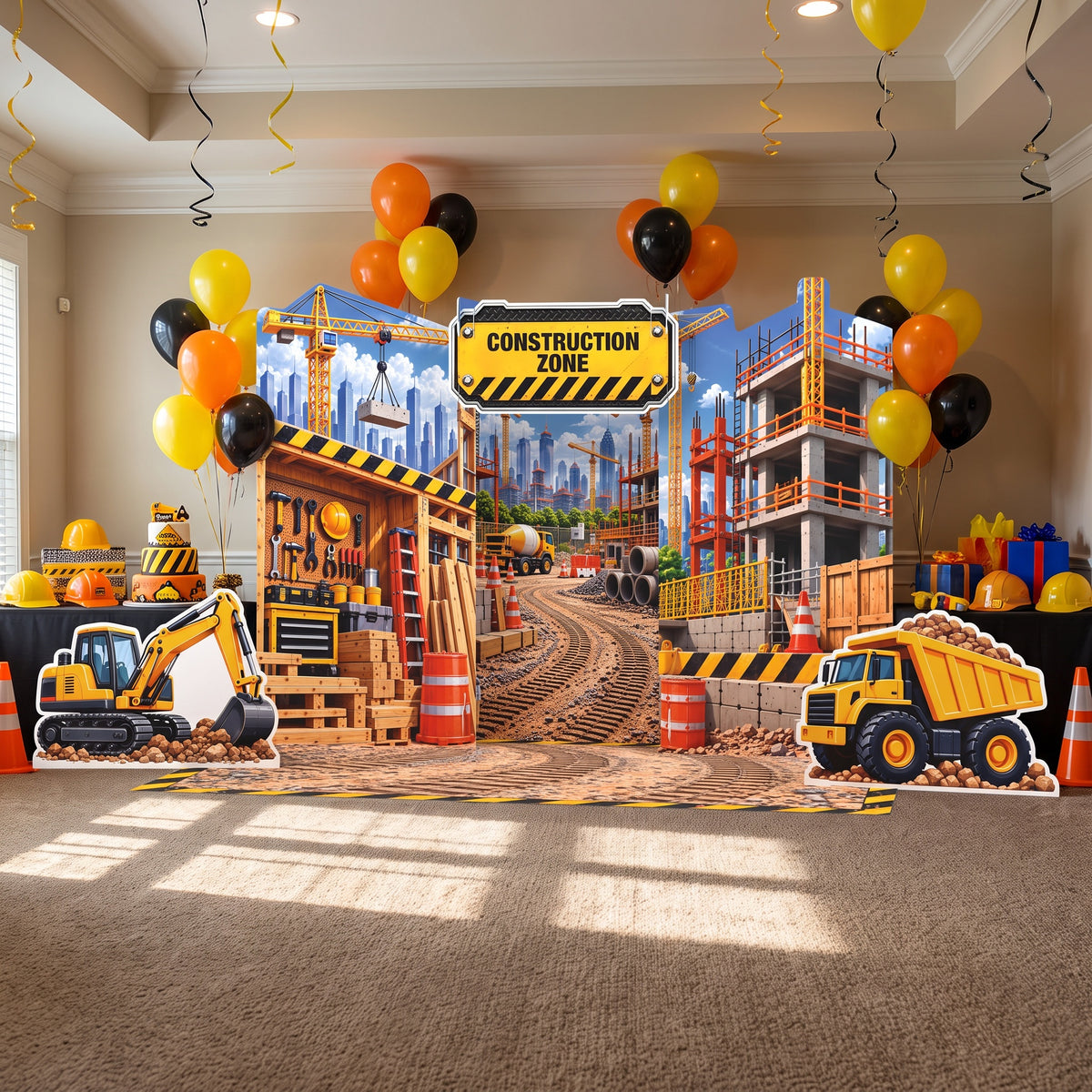 FoldWow construction birthday backdrop with yellow, orange and black balloons