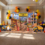 FoldWow construction birthday backdrop with yellow, orange and black balloons