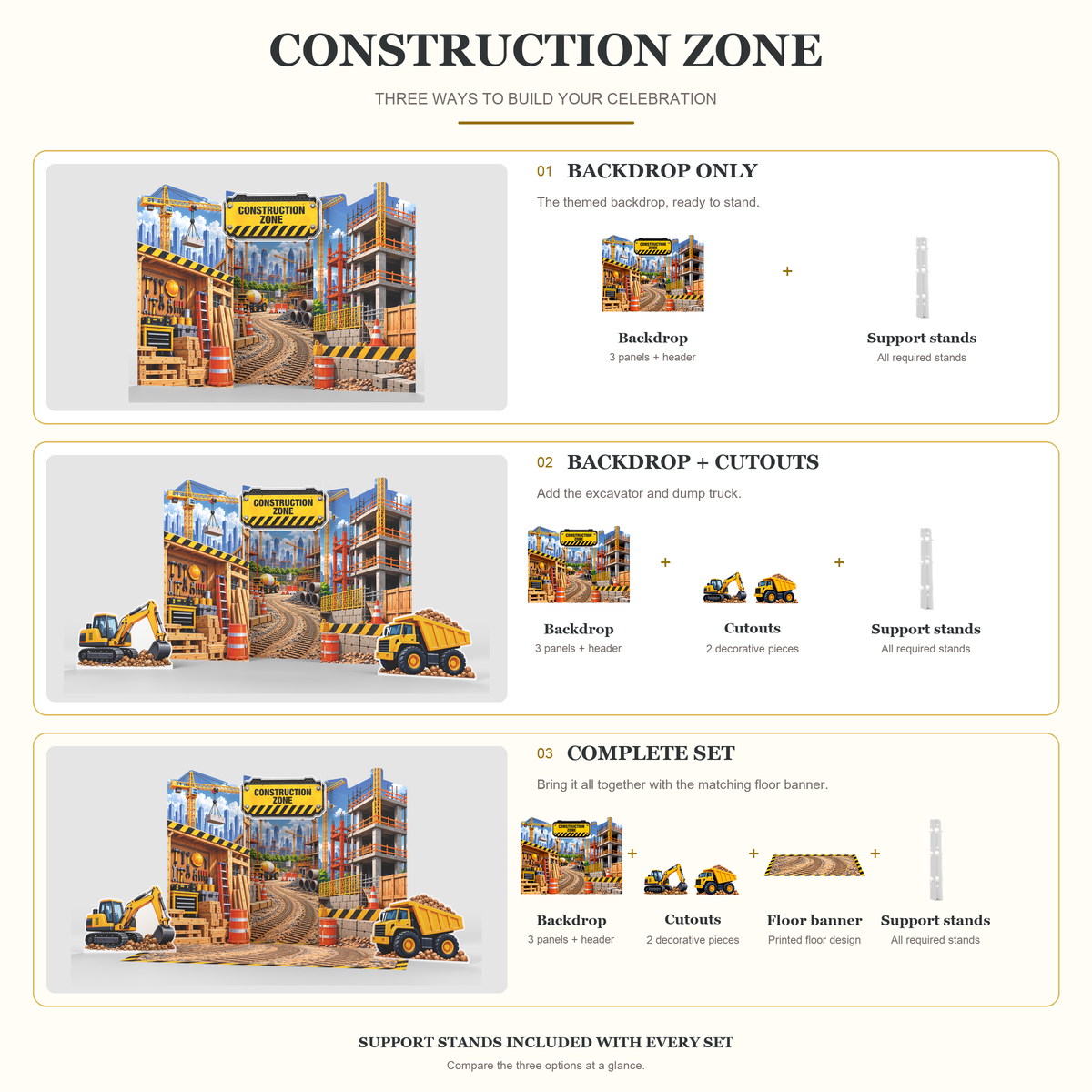 FoldWow Construction Zone three sets: Backdrop Only, Backdrop + Cutouts, Complete Scene