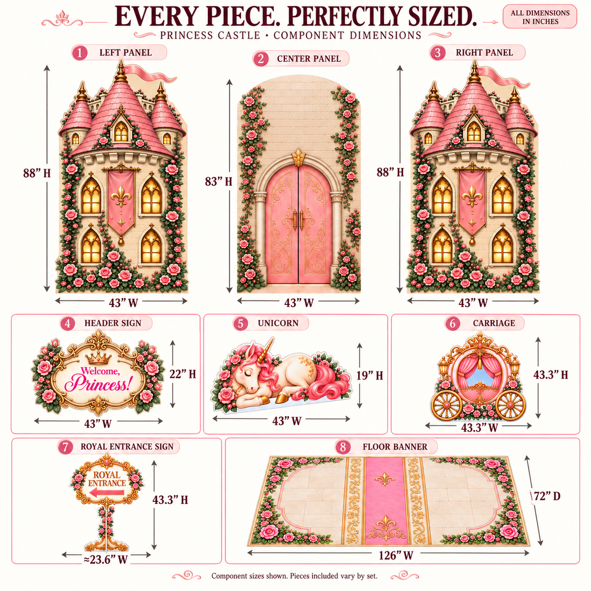 Princess Castle component dimensions in inches: side panels 43 W × 88 H; center 43 W × 83 H; header 43 W × 22 H; unicorn 43 W × 19 H; carriage 43.3 W × 43.3 H; Royal Entrance approximately 23.6 W × 43.3 H; floor 126 W × 72 D.