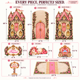 Princess Castle component dimensions in inches: side panels 43 W × 88 H; center 43 W × 83 H; header 43 W × 22 H; unicorn 43 W × 19 H; carriage 43.3 W × 43.3 H; Royal Entrance approximately 23.6 W × 43.3 H; floor 126 W × 72 D.