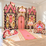 FoldWow Princess Castle complete scene, close front-left view with unicorn, carriage, Royal Entrance sign and matching floor banner.