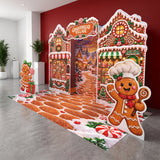 FoldWow Gingerbread Village Christmas backdrop with gingerbread house panels, cookie path and cutouts