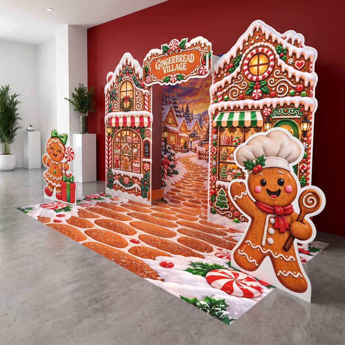 FoldWow Gingerbread Village Christmas backdrop with gingerbread house panels, cookie path and cutouts