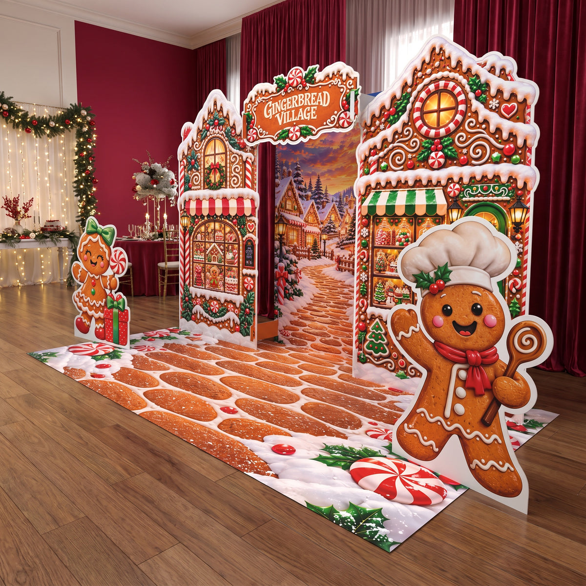 FoldWow gingerbread house Christmas backdrop with gingerbread baker cutout and cookie path banner
