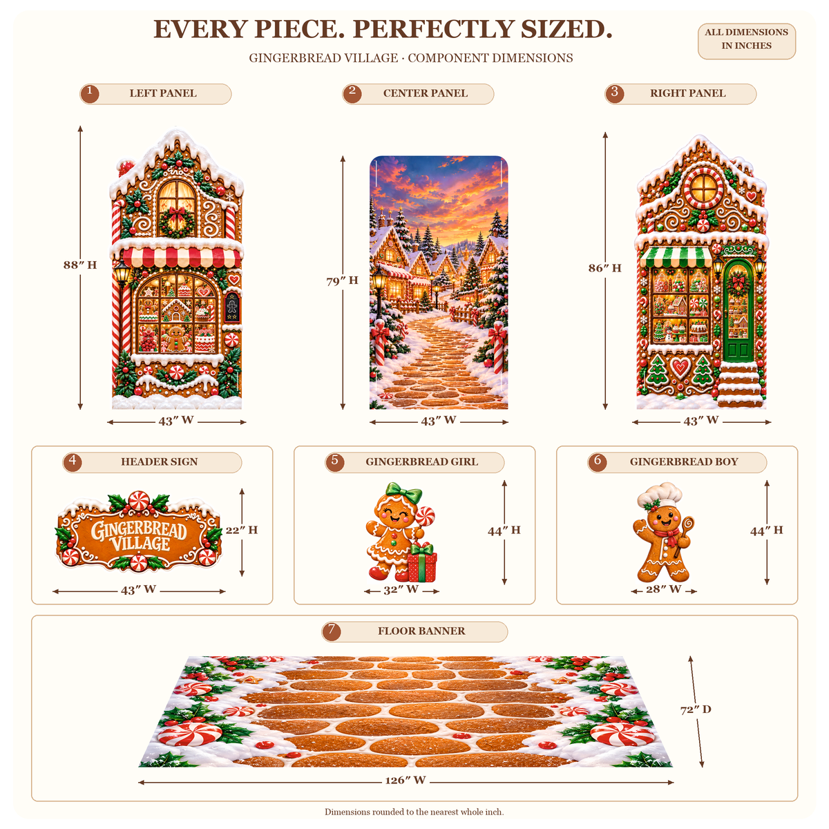 FoldWow gingerbread backdrop dimensions: 88 in panels, 44 in gingerbread girl and boy, 126 x 72 in banner