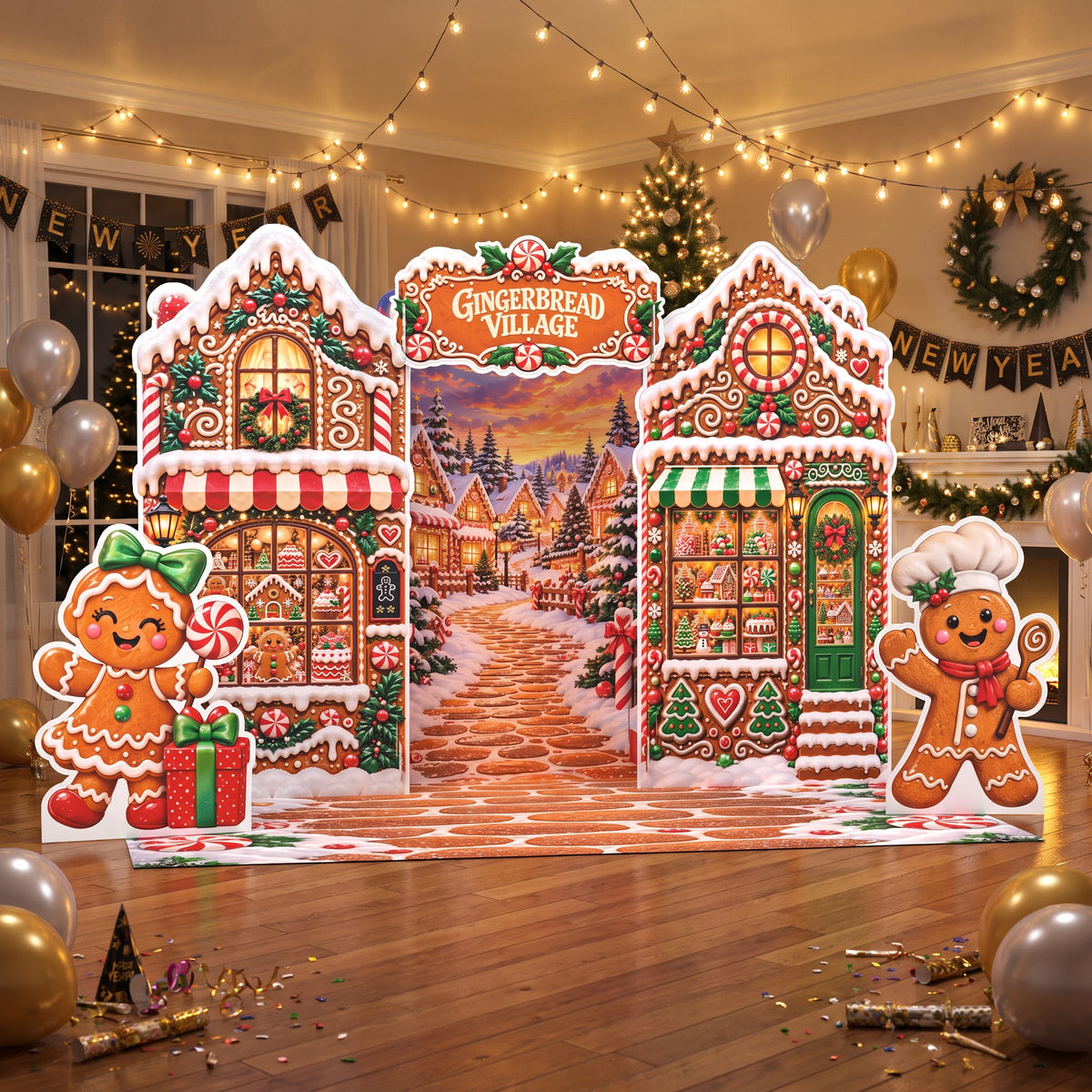 FoldWow Gingerbread Village backdrop at a holiday party with balloons and string lights