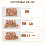 FoldWow Gingerbread Village three sets: Backdrop Only, Backdrop + Cutouts, Complete Scene