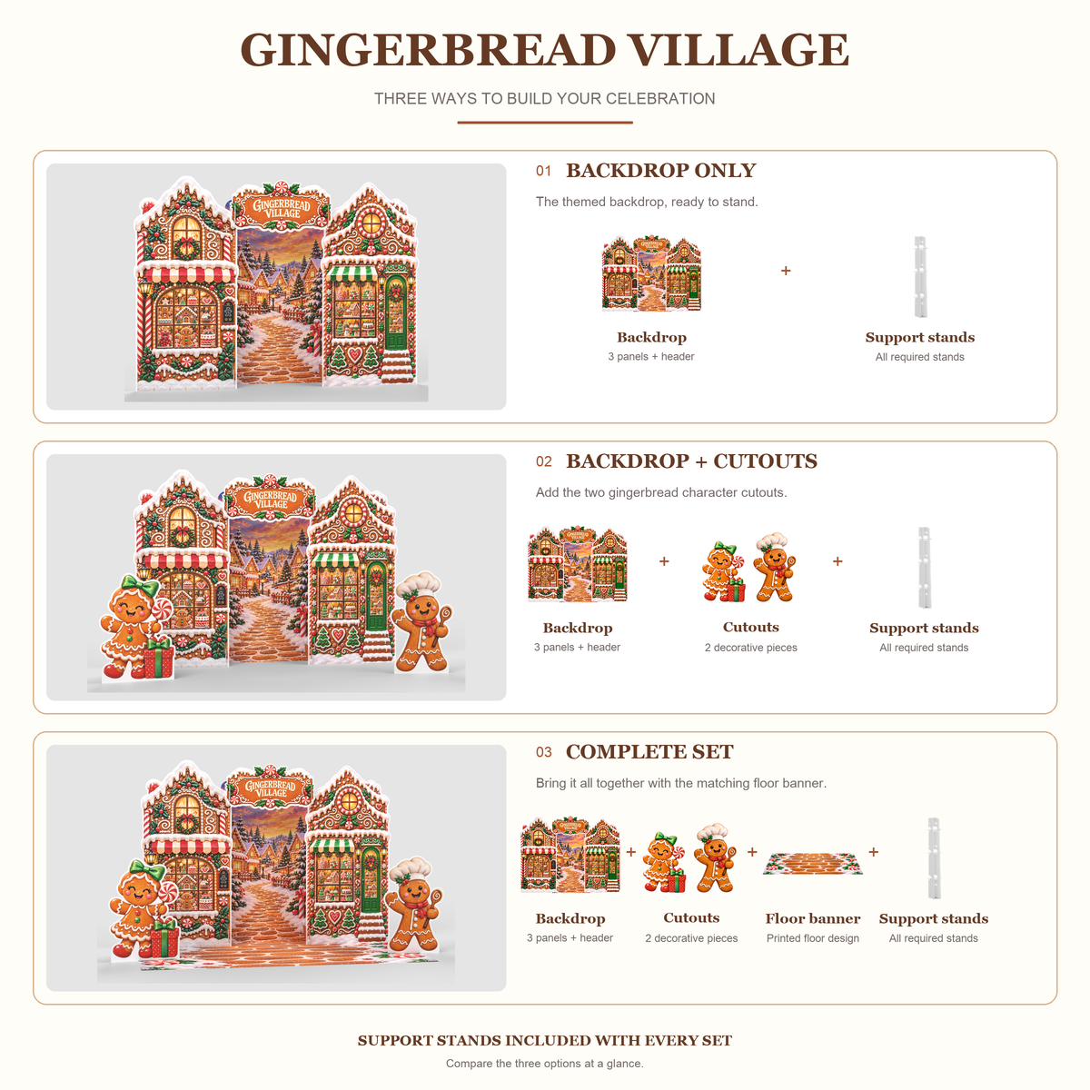 FoldWow Gingerbread Village three sets: Backdrop Only, Backdrop + Cutouts, Complete Scene