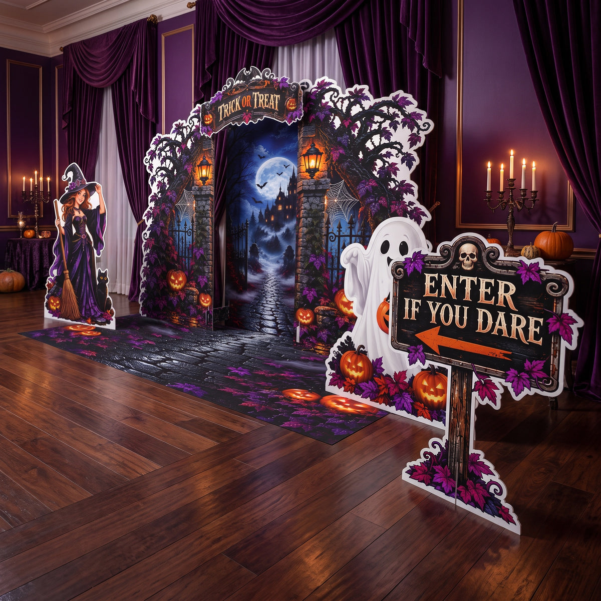 FoldWow Halloween Castle Gate backdrop in a candlelit ballroom with witch, ghost and Enter If You Dare sign