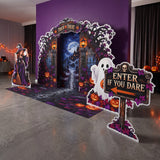 FoldWow Halloween Castle Gate complete scene with cobblestone floor banner, witch, ghost and direction sign