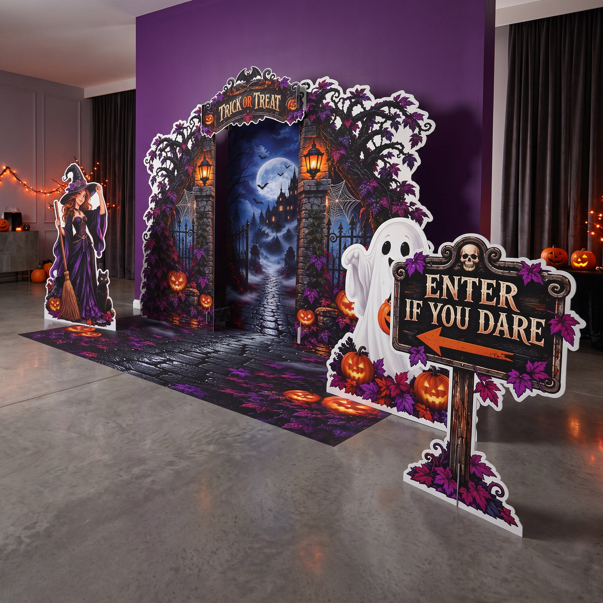 FoldWow Halloween Castle Gate complete scene with cobblestone floor banner, witch, ghost and direction sign