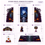 Halloween Castle component dimensions in inches: panels 43 W × 88 H; header 43 W × 22 H; witch 40 W × 66 H; sign 27 W × 42 H; ghost 35 W × 44 H; floor 126 W × 72 D.