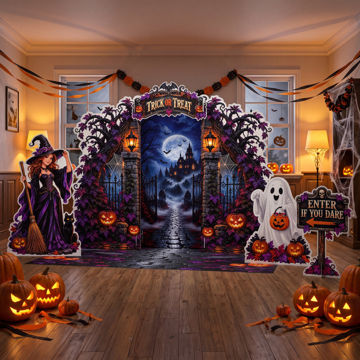 FoldWow Halloween Castle Gate backdrop at a home Halloween party with jack-o'-lanterns and garlands