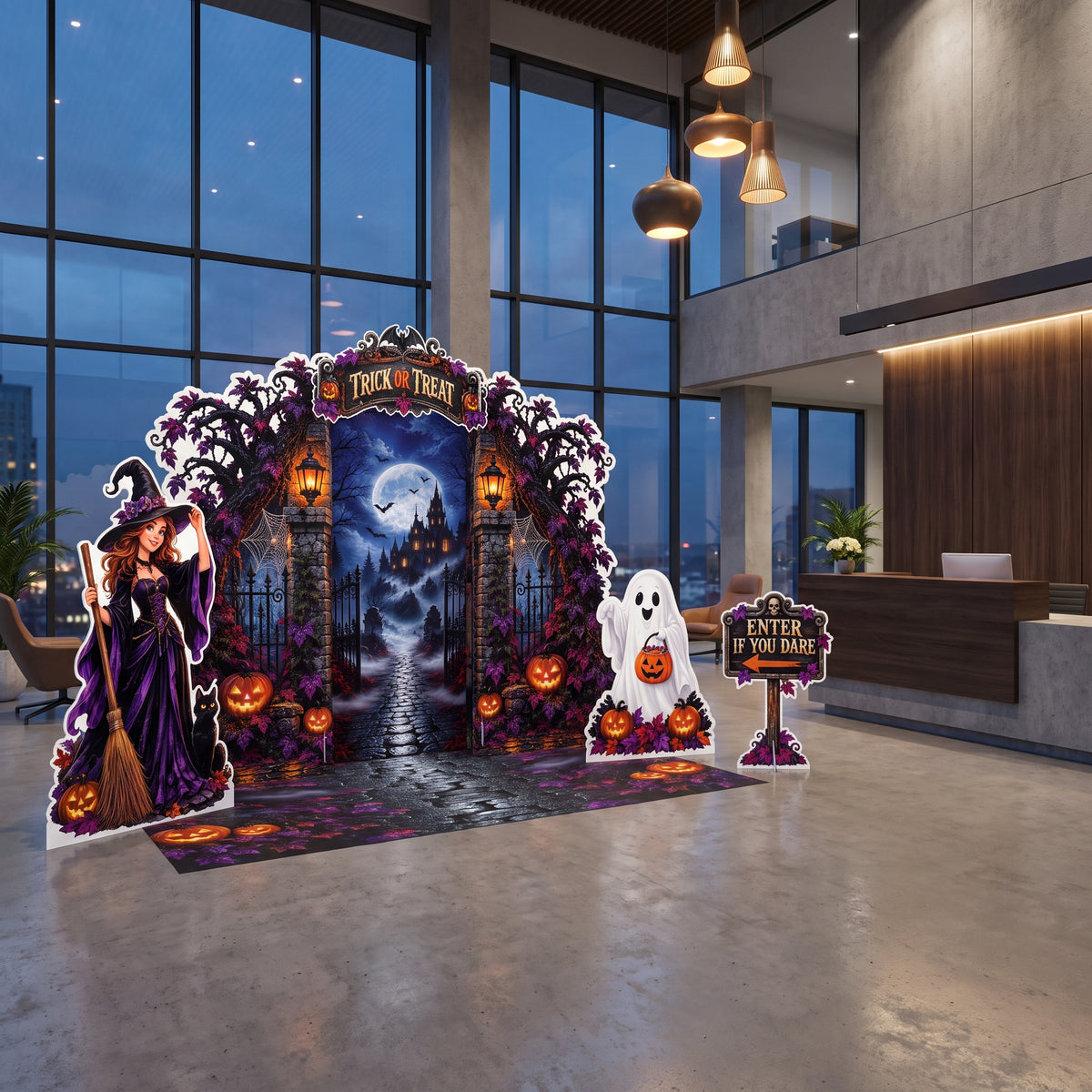 FoldWow Halloween Castle Gate scene with witch, ghost and sign in a modern lobby at night