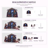 Halloween Castle set options compared: Backdrop Only, Backdrop + Cutouts and Complete Set with included pieces