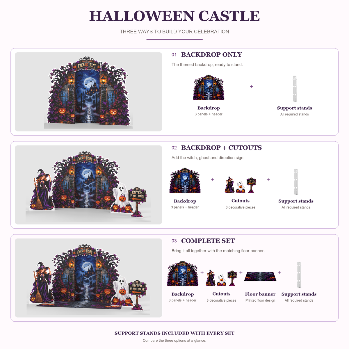 Halloween Castle set options compared: Backdrop Only, Backdrop + Cutouts and Complete Set with included pieces