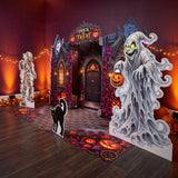 FoldWow Haunted House Halloween backdrop at a party with string lights, pumpkins, ghost, mummy and black cat