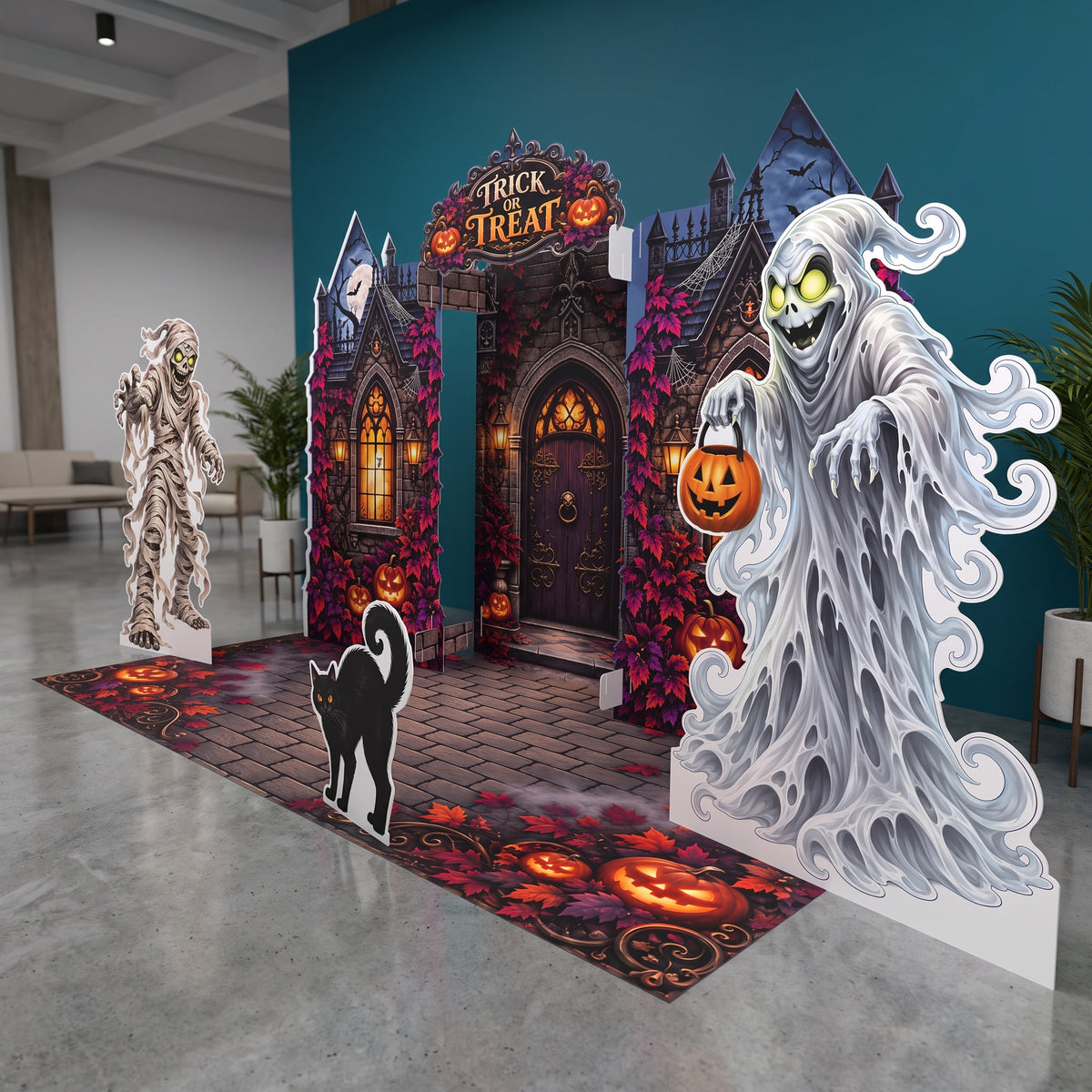 FoldWow Haunted House Halloween complete scene in a modern lobby with Trick or Treat sign and brick floor banner