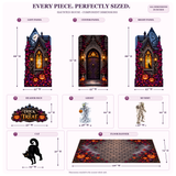 Haunted House component dimensions in inches: side panels 43 W × 88 H; center 43 W × 76 H; header 42 W × 22 H; ghost 38 W × 66 H; mummy 32 W × 66 H; cat 23 W × 30 H; floor 126 W × 72 D.