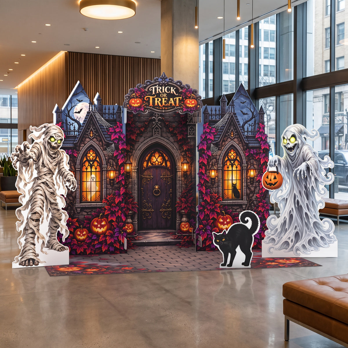 FoldWow Haunted House Halloween backdrop with mummy, ghost and black cat in a bright office lobby