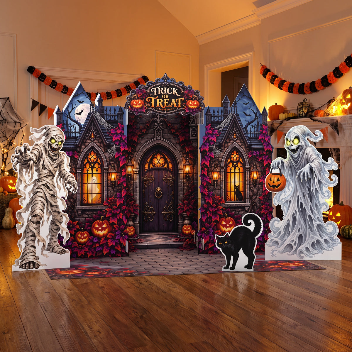 FoldWow Haunted House Halloween backdrop at a home party with garlands, jack-o'-lanterns and cutouts