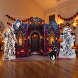 FoldWow Haunted House Halloween backdrop at a home party with garlands, jack-o'-lanterns and cutouts