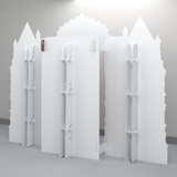 Rear view of the FoldWow Haunted House backdrop showing built-in stands and support braces