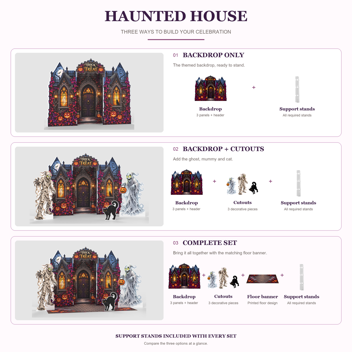 Haunted House set options compared: Backdrop Only, Backdrop + Cutouts and Complete Set with included pieces