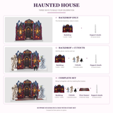 Haunted House set options compared: Backdrop Only, Backdrop + Cutouts and Complete Set with included pieces