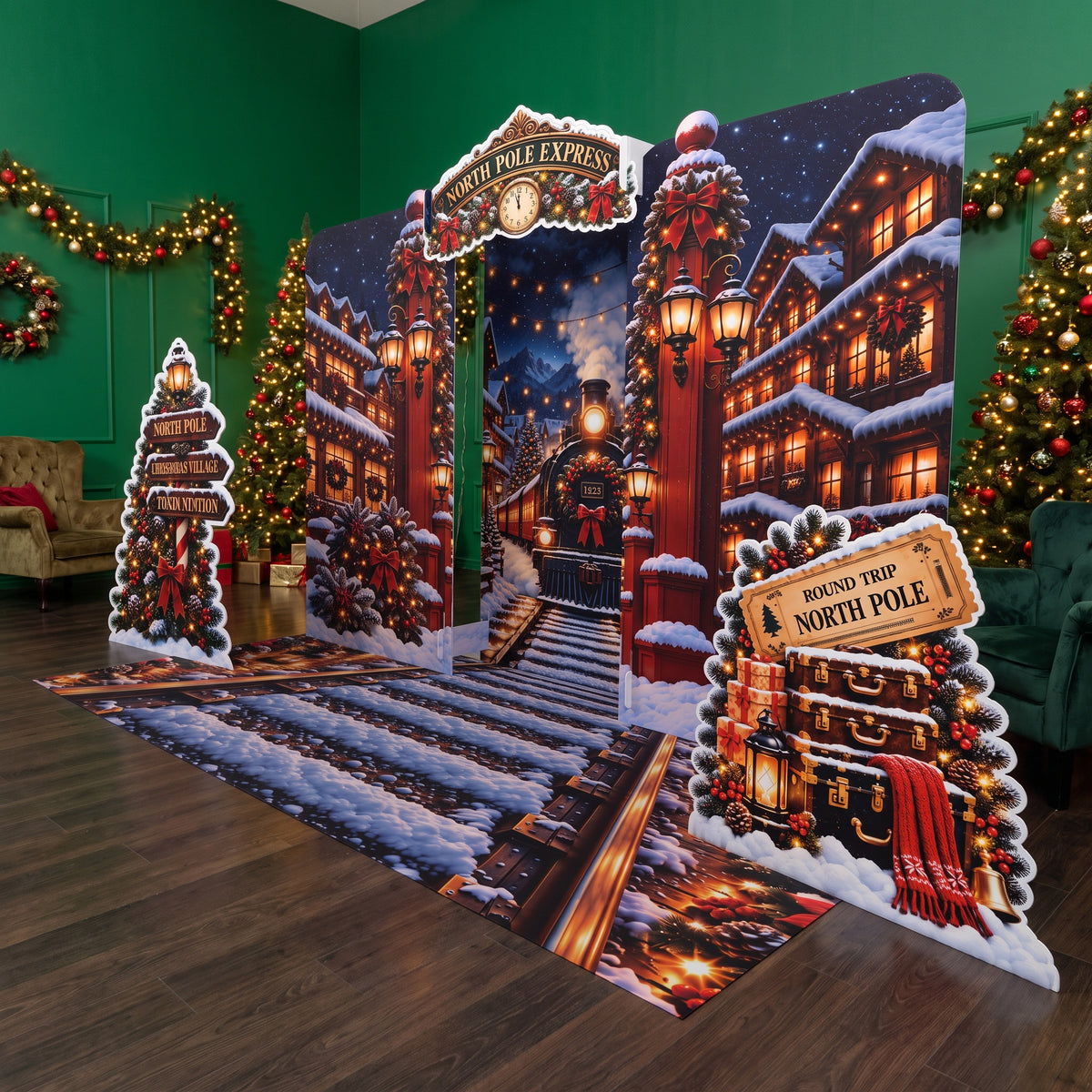 FoldWow North Pole Express Christmas train backdrop with direction sign tree, luggage and track banner