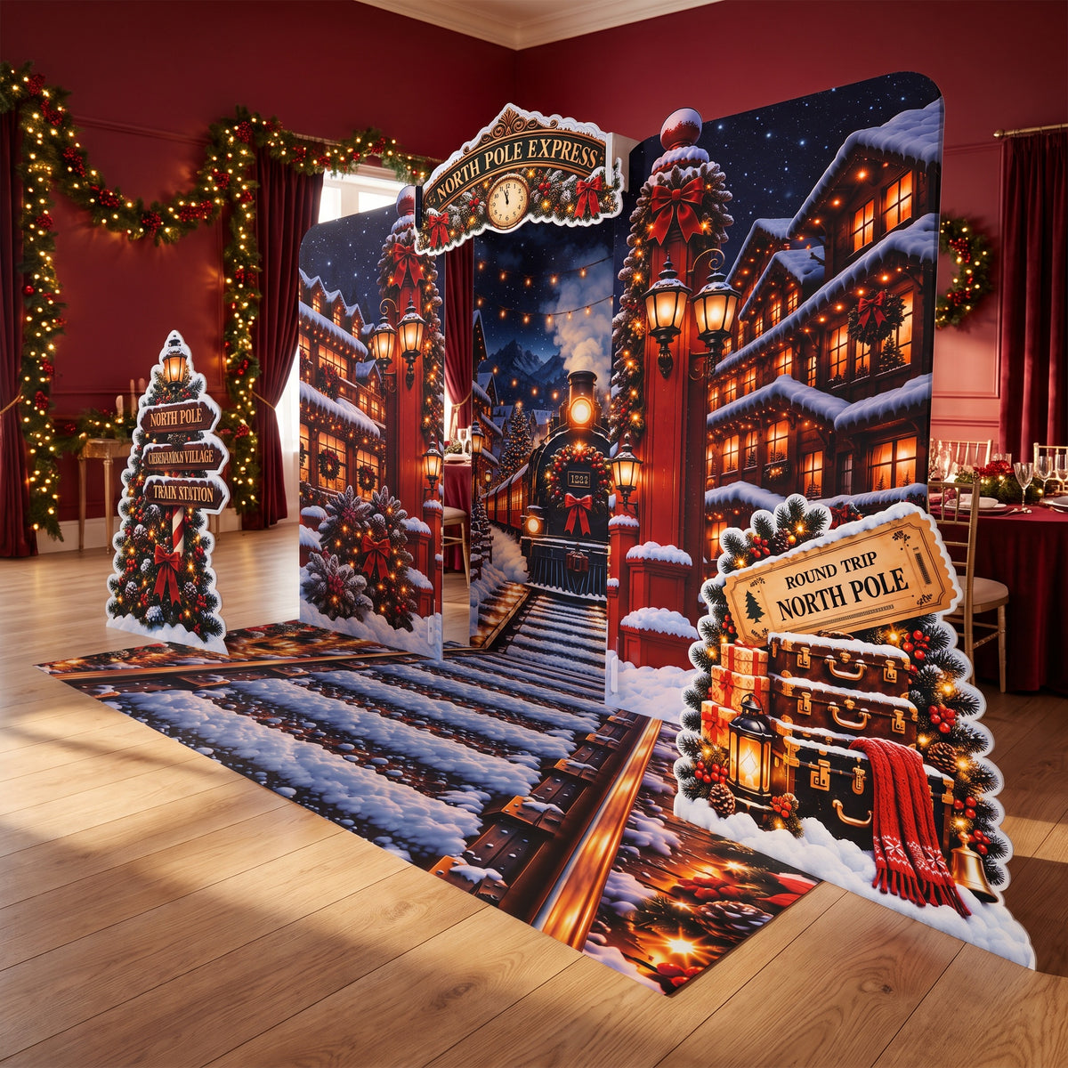 FoldWow Christmas train photo backdrop with snowy station, luggage cutout and train tracks banner