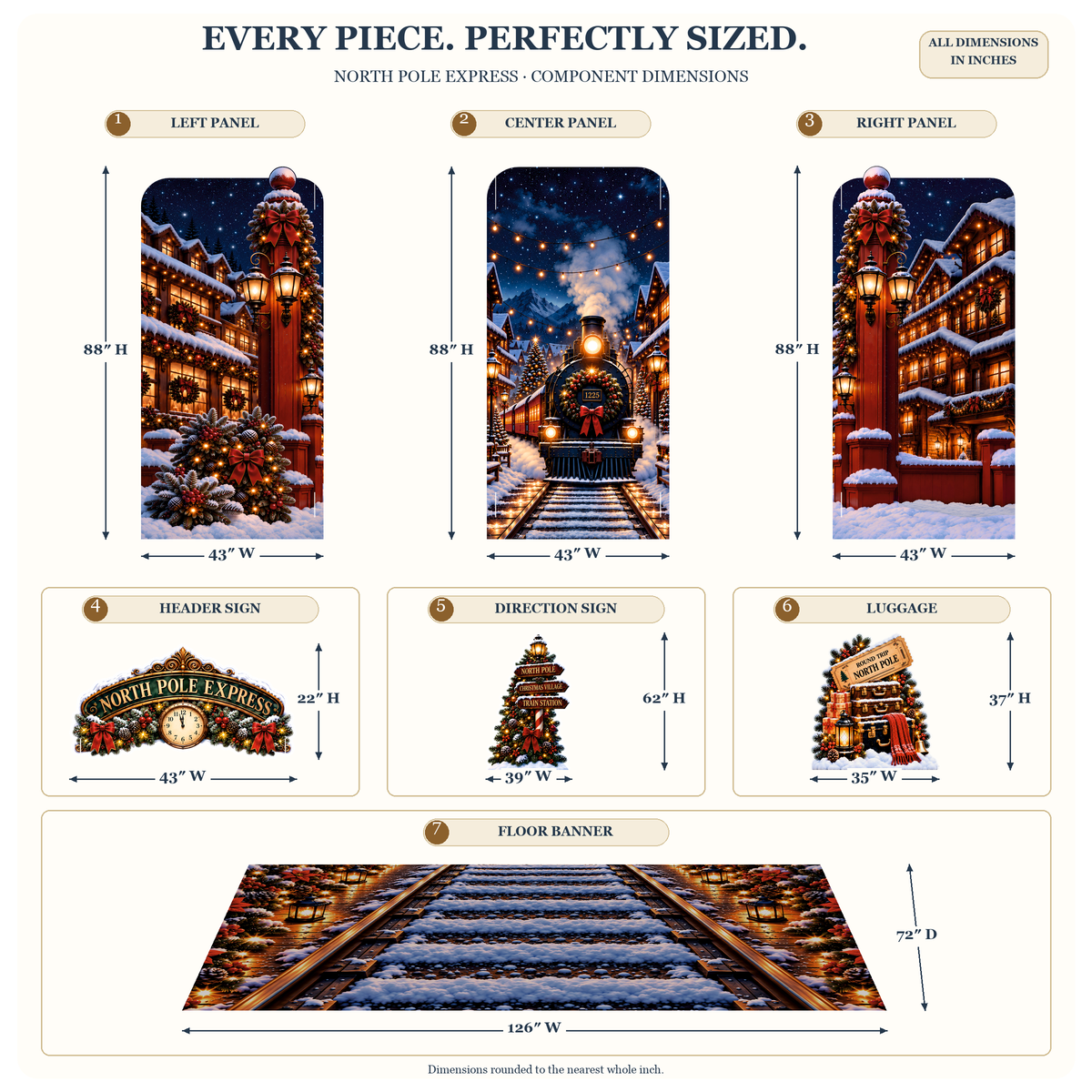 FoldWow North Pole Express dimensions: 88 in panels, 62 in sign tree, 37 in luggage, 126 x 72 in banner