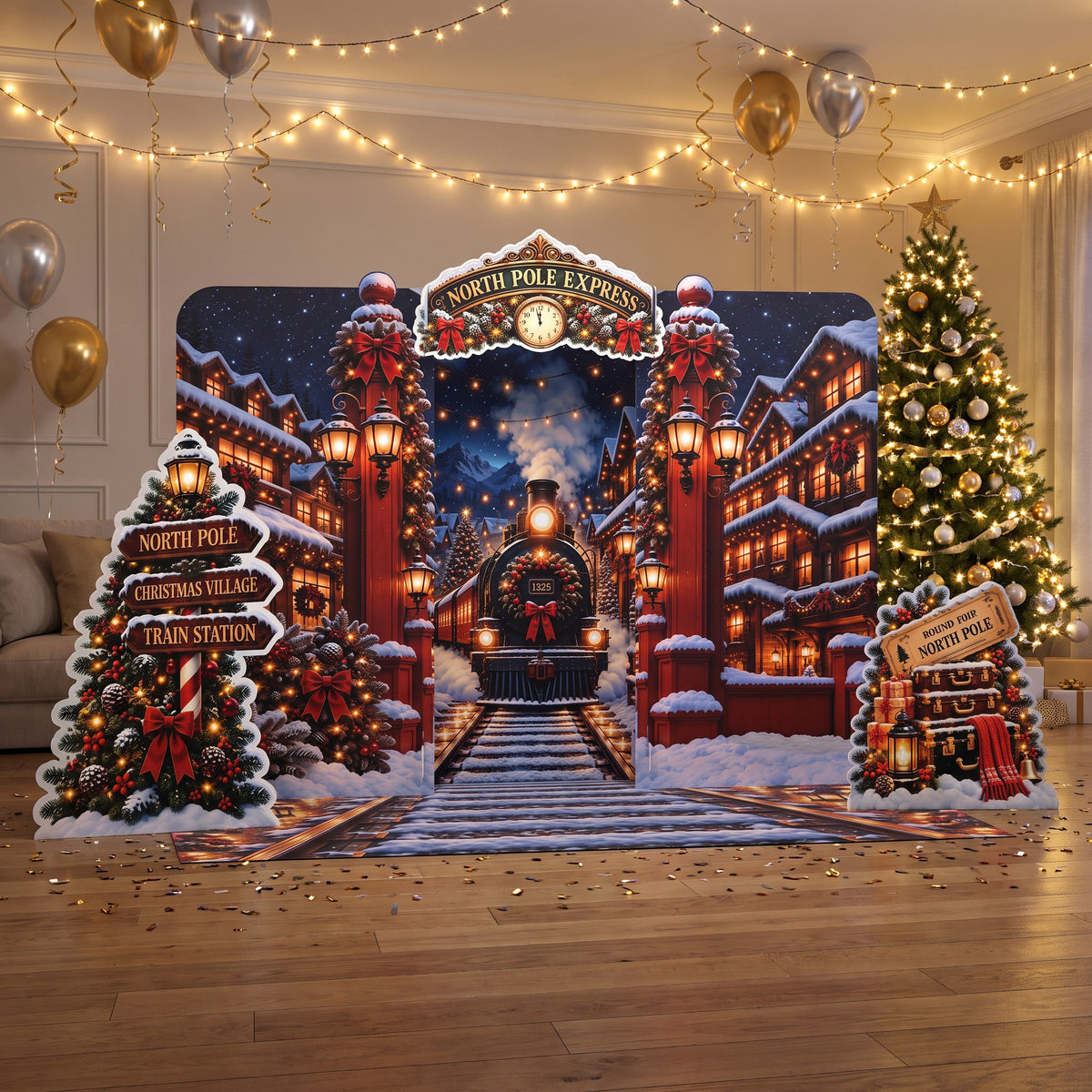 FoldWow North Pole Express backdrop at a holiday party with Christmas tree and string lights