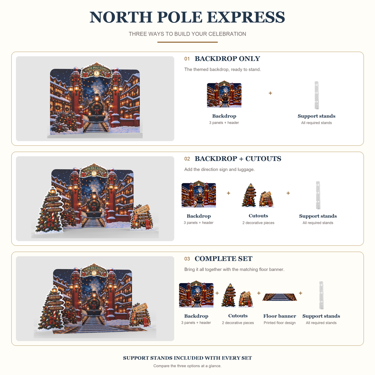 FoldWow North Pole Express three sets: Backdrop Only, Backdrop + Cutouts, Complete Scene